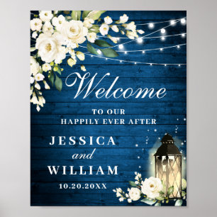 Blue Wood & Blush Rozen Floral Weddenschap Welkom Poster