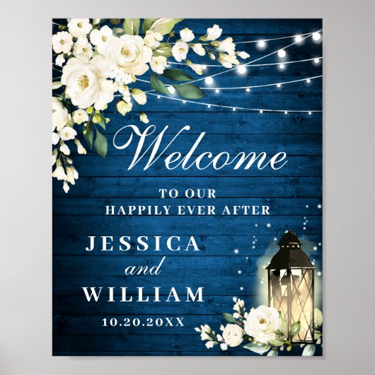 Blue Wood & Blush Rozen Floral Weddenschap Welkom Poster (Voorkant)