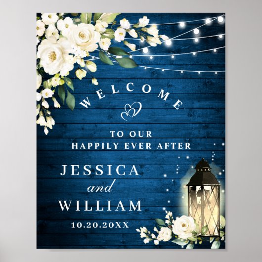 Blue Wood & Blush Rozen Floral Weddenschap Welkom Poster (Voorkant)