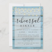 Blue Wood Boho Lights Rehearsal Dinner Invitations Kaart (Voorkant)