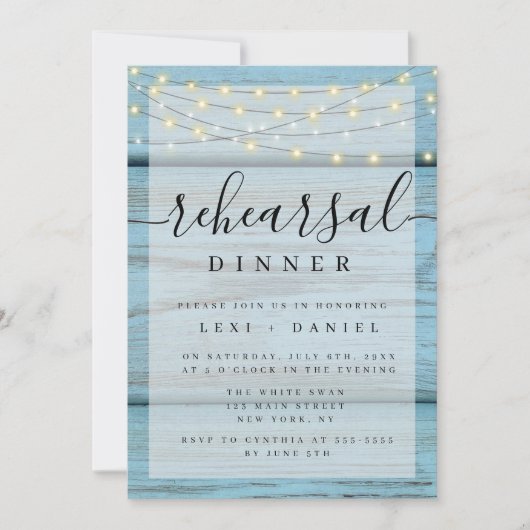 Blue Wood Boho Lights Rehearsal Dinner Invitations Kaart (Voorkant)