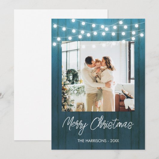 Blue Wood Bord String Lights Foto Kerst Feestdagenkaart (Voorkant / Achterkant)
