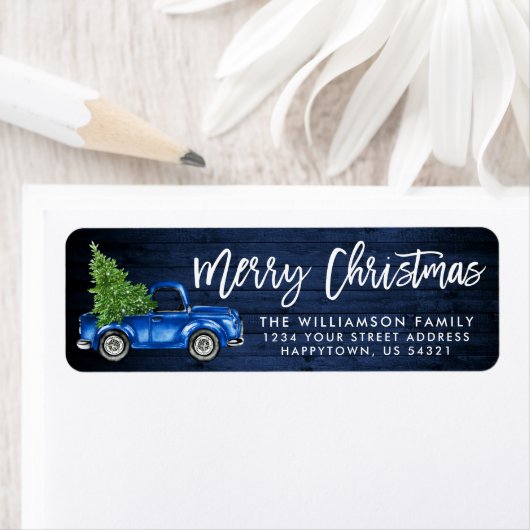 Blue Wood Brush Script  Truck Kerstmis Etiket (Insitu)