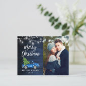 Blue Wood Brush Script Truck Lights Kerstmis Briefkaart (Staand voorkant)