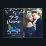 Blue Wood Brush Script Truck Lights Kerstmis Briefkaart<br><div class="desc">Rustic Wood Waterverf Vintage Truck met kerstboom - Merry Kerstmis Couple Photo Briefkaart met Mason Jar String Lights. Blue Truck,  Blue Wood.</div>