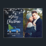 Blue Wood Brush Script Truck Lights Kerstmis Briefkaart<br><div class="desc">Rustic Wood Waterverf Vintage Truck met kerstboom - Merry Kerstmis Couple Photo Briefkaart met Mason Jar String Lights. Blue Truck,  Blue Wood.</div>