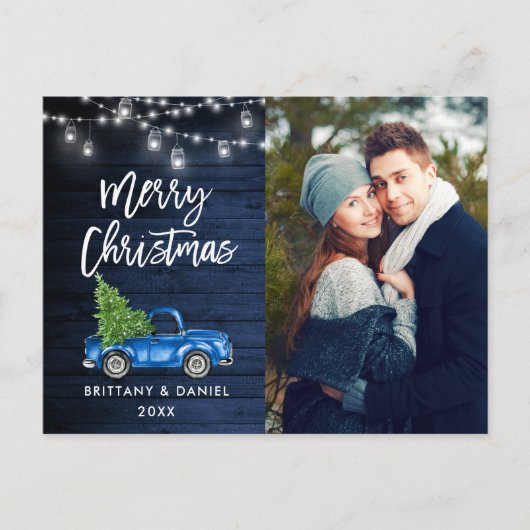 Blue Wood Brush Script Truck Lights Kerstmis Briefkaart (Voorkant)