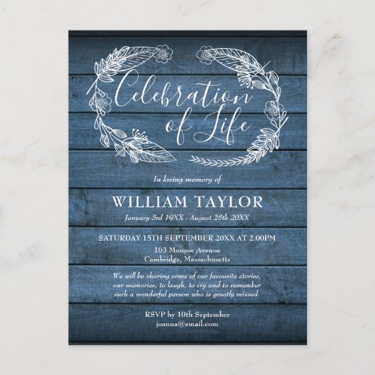 Blue Wood Celebration of Life Funeral Invitation Aankondigingskaart (Voorkant)