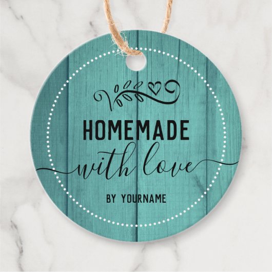 Blue Wood Fancy Script Homemade met liefde Busines Bedankjes Labels (Voorkant)