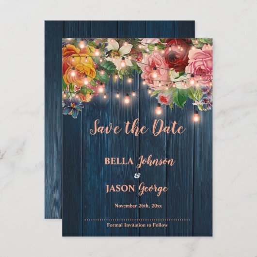 Blue Wood Floral Lights Wedding Save The Date Aankondigingskaart (Voorkant / Achterkant)