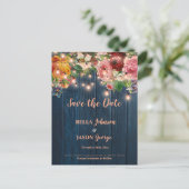 Blue Wood Floral Lights Wedding Save The Date Aankondigingskaart (Staand voorkant)