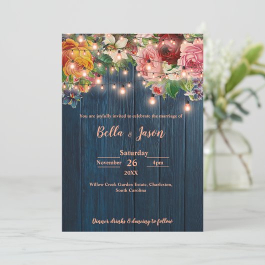Blue Wood Floral String Lights Rustic Wedding Kaart (Staand voorkant)