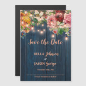 Blue Wood Floral String Lights Save The Date Magnetische Uitnodiging (Voorkant / Achterkant)