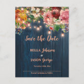 Blue Wood Floral String Lights Save The Date Uitnodiging Briefkaart (Voorkant)