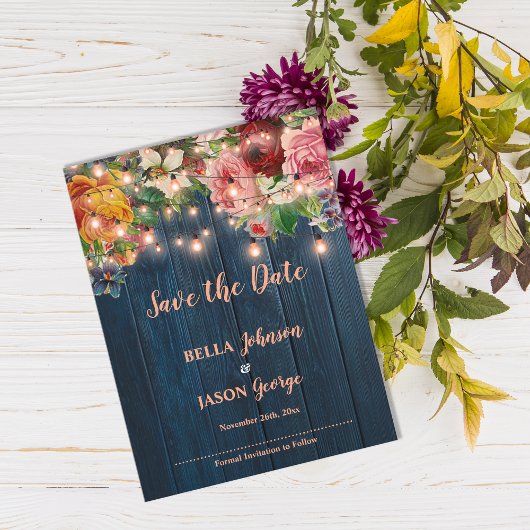Blue Wood Floral String Lights Save The Date Uitnodiging Briefkaart
