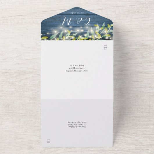 Blue Wood Foliage String Lights Mason Jars Wedding All In One Uitnodiging (Buitenkant)