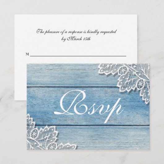 Blue Wood Grain and Lace Rsvp Card Informatiekaartje (Voorkant / Achterkant)