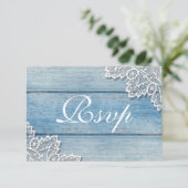 Blue Wood Grain and Lace Rsvp Card Informatiekaartje (Staand voorkant)
