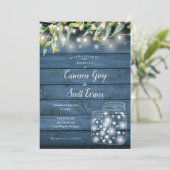 Blue Wood Greenery Mason Jar String Lights Wedding Kaart (Staand voorkant)