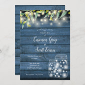 Blue Wood Greenery Mason Jar String Lights Wedding Kaart (Voorkant / Achterkant)