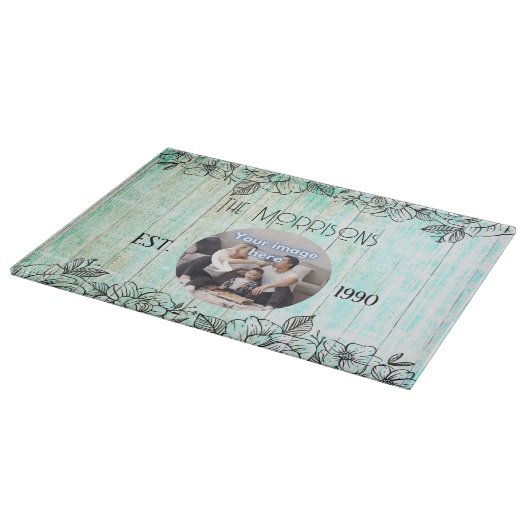 Blue Wood Jubileum Family Photo Template Snijplank (Hoek)