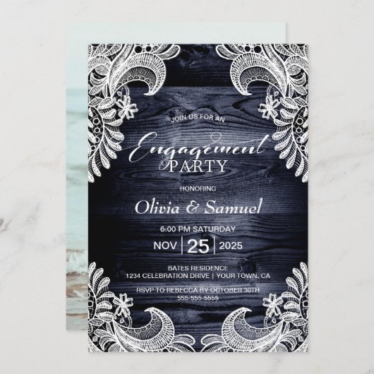 Blue Wood Lace Custom Photo Engagement Party Kaart (Voorkant / Achterkant)