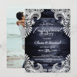Blue Wood Lace Custom Photo Engagement Party Kaart