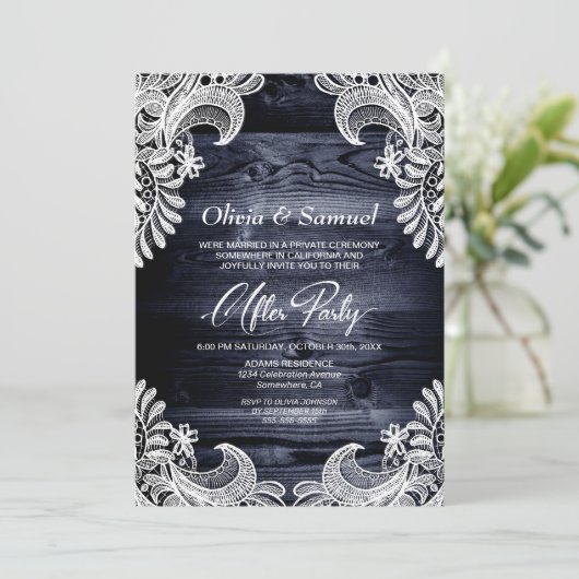 Blue Wood Lace Custom Photo Weddenschap After Part Kaart (Staand voorkant)