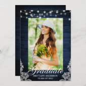 Blue Wood Lace Lights Foto Afstuderen Aankondiging (Voorkant / Achterkant)