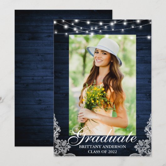 Blue Wood Lace Lights Foto Afstuderen Aankondiging (Voorkant / Achterkant)