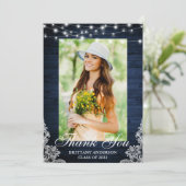 Blue Wood Lace String Lights Photo Afstuderen Bedankkaart (Staand voorkant)