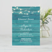 Blue Wood Lace & String Lights Rehearsal Dinner Kaart (Staand voorkant)