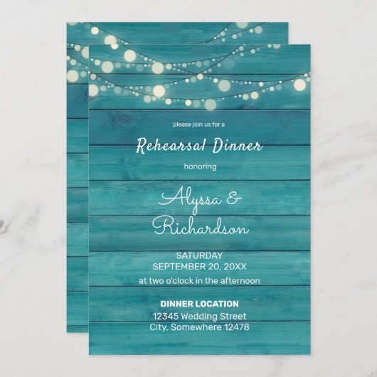 Blue Wood Lace & String Lights Rehearsal Dinner Kaart (Voorkant / Achterkant)