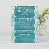 Blue Wood & Lace & String Lights Wedding Kaart (Staand voorkant)