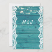 Blue Wood & Lace & String Lights Wedding Kaart (Achterkant)
