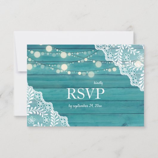 Blue Wood Lace & String Lights Wedding w/Meal RSVP Kaartje (Voorkant)