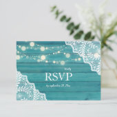 Blue Wood Lace & String Lights Wedding w/Meal RSVP Kaartje (Staand voorkant)