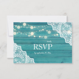 Blue Wood Lace & String Lights Wedding w/Meal RSVP Kaartje