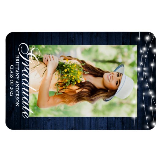 Blue Wood Lights Foto Afstuderen Aankondiging Magneet (Horizontaal)