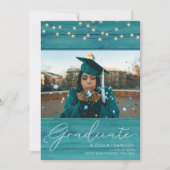 Blue Wood Photo Typography Afstuderen Announcemet Kaart (Voorkant)