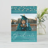 Blue Wood Photo Typography Afstuderen Announcemet Kaart (Staand voorkant)