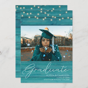 Blue Wood Photo Typography Afstuderen Announcemet Kaart