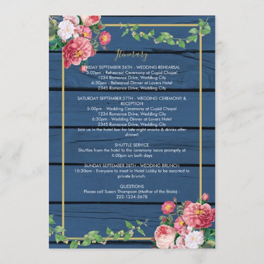 Blue Wood  Rozen Gold Wedding Itinerary Programmakaart (Achterkant)