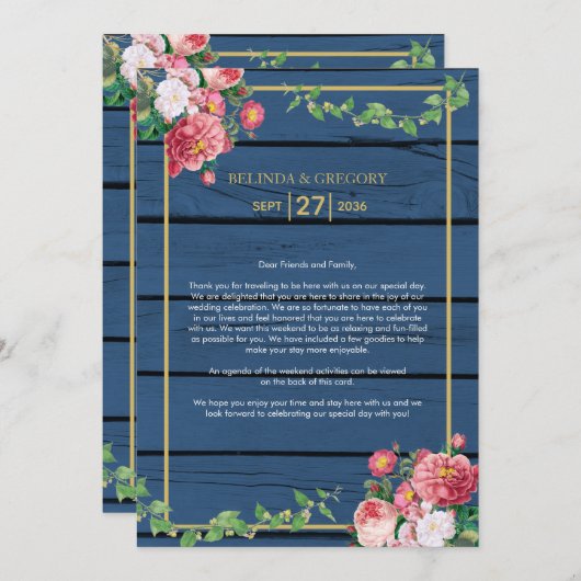 Blue Wood Rozen Gold Wedding Itinerary Programmakaart (Voorkant / Achterkant)