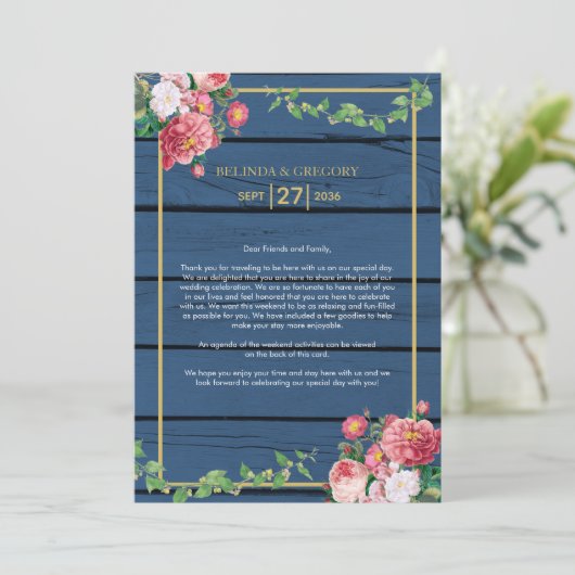 Blue Wood  Rozen Gold Wedding Itinerary Programmakaart (Staand voorkant)