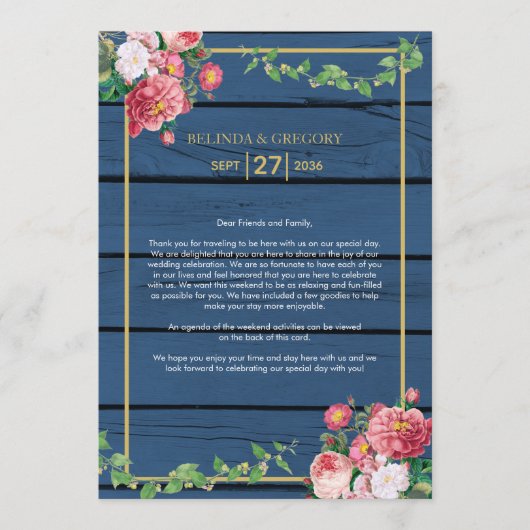 Blue Wood Rozen Gold Wedding Itinerary Programmakaart (Voorkant)