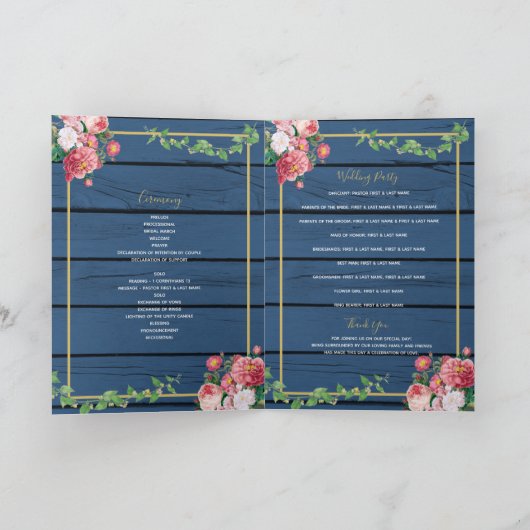 Blue Wood Rozen Gold Wedding Order of Service Programma (Binnen)