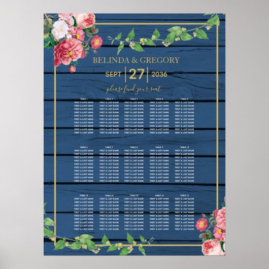 Blue Wood  Rozen Gold Wedding Seating Chart Poster (Voorkant)