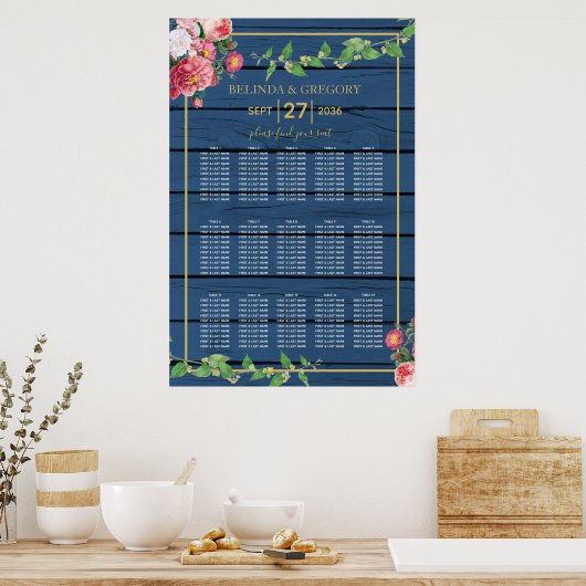 Blue Wood  Rozen Gold Wedding Seating Chart Poster (Keuken)