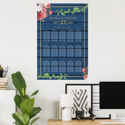 Blue Wood  Rozen Gold Wedding Seating Chart Poster (Thuiskantoor)